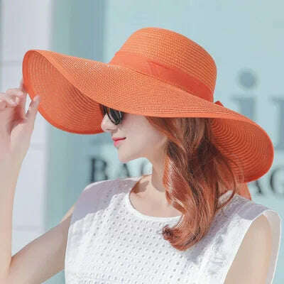 KIMLUD, simple summer straw hat women big wide brim beach hat sun hat foldable sun block UV protection panama hat bone chapeu feminino, Orange / 55-58cm, KIMLUD APPAREL - Womens Clothes