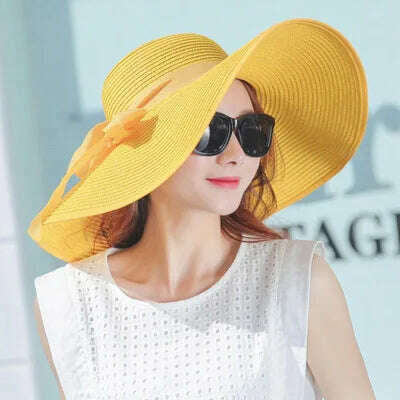 KIMLUD, simple summer straw hat women big wide brim beach hat sun hat foldable sun block UV protection panama hat bone chapeu feminino, Yellow / 55-58cm, KIMLUD APPAREL - Womens Clothes