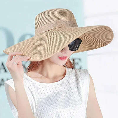 KIMLUD, simple summer straw hat women big wide brim beach hat sun hat foldable sun block UV protection panama hat bone chapeu feminino, Khaki / 55-58cm, KIMLUD APPAREL - Womens Clothes