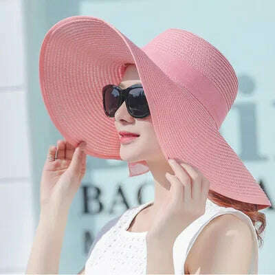 KIMLUD, simple summer straw hat women big wide brim beach hat sun hat foldable sun block UV protection panama hat bone chapeu feminino, Pink / 55-58cm, KIMLUD APPAREL - Womens Clothes