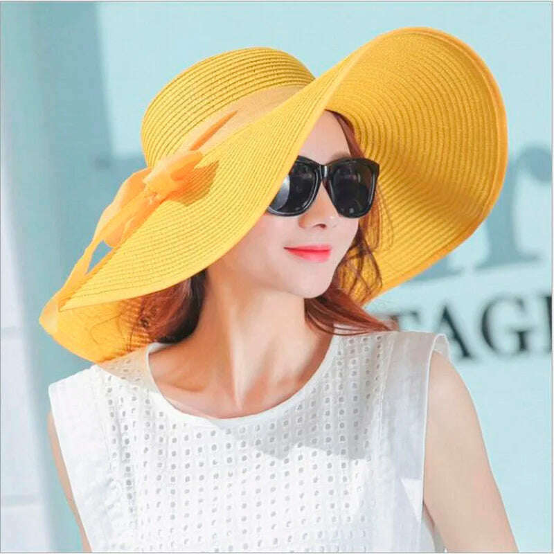 simple summer straw hat women big wide brim beach hat sun hat foldable sun block UV protection panama hat bone chapeu feminino - KIMLUD