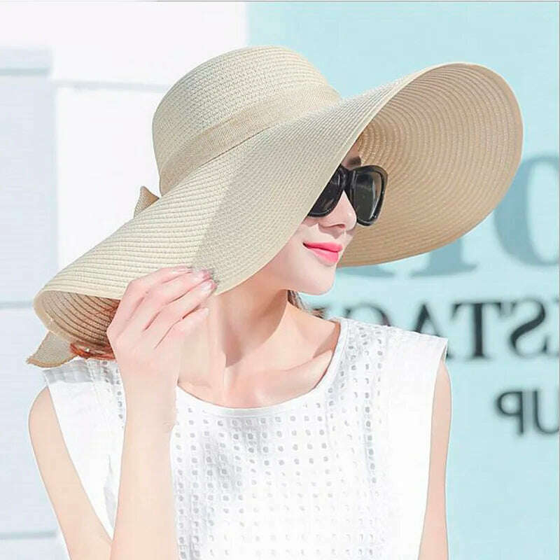 KIMLUD, simple summer straw hat women big wide brim beach hat sun hat foldable sun block UV protection panama hat bone chapeu feminino, KIMLUD Womens Clothes