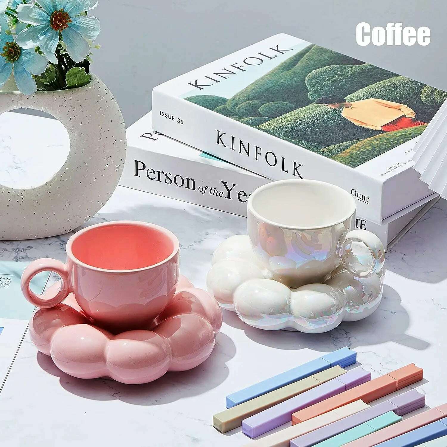 KIMLUD, Simple Sunflower Coffee Mug Set Office Home Macaroon Series Coffee Ceramic Cups and Saucers Pink Pearl White Creative Cute Cup, KIMLUD Womens Clothes