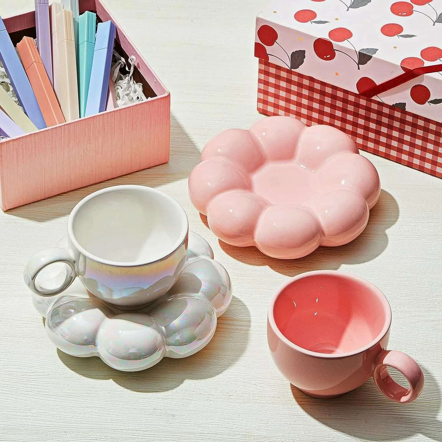 KIMLUD, Simple Sunflower Coffee Mug Set Office Home Macaroon Series Coffee Ceramic Cups and Saucers Pink Pearl White Creative Cute Cup, KIMLUD Womens Clothes