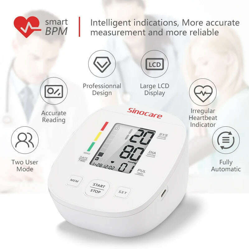 KIMLUD, Sinocare Blood Pressure Monitor Tensiometer Upper Arm Automatic Digital BP Machine Pulse Heart Rate Monitor, KIMLUD Womens Clothes