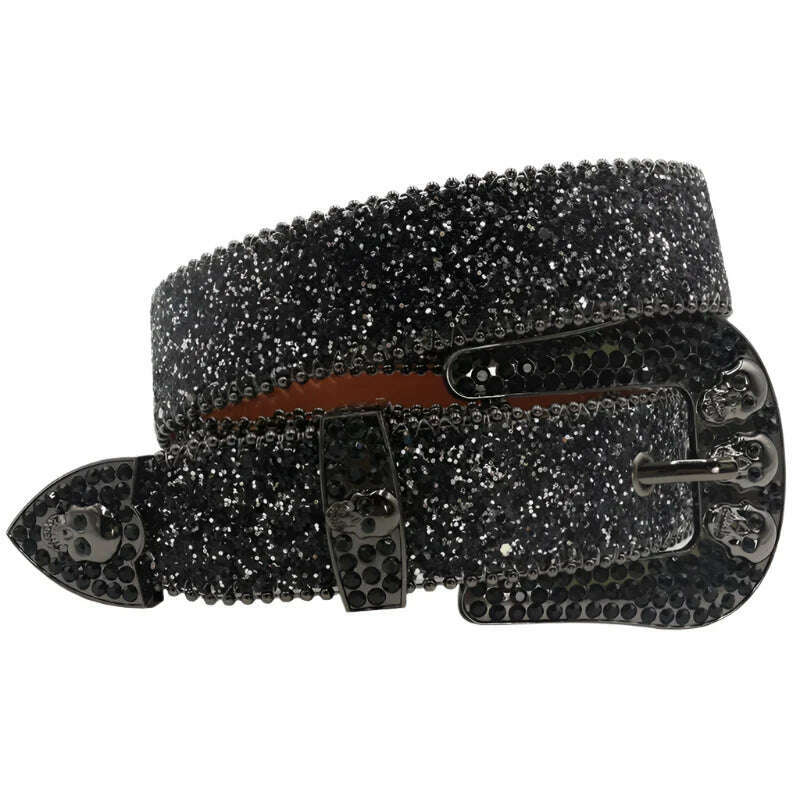 Skull Rhinestone Belts For Women Men Y2K Leather Strap Crystal Studded Western Cowgirl Cowboy Diamond Bling Bling Belt - KIMLUD