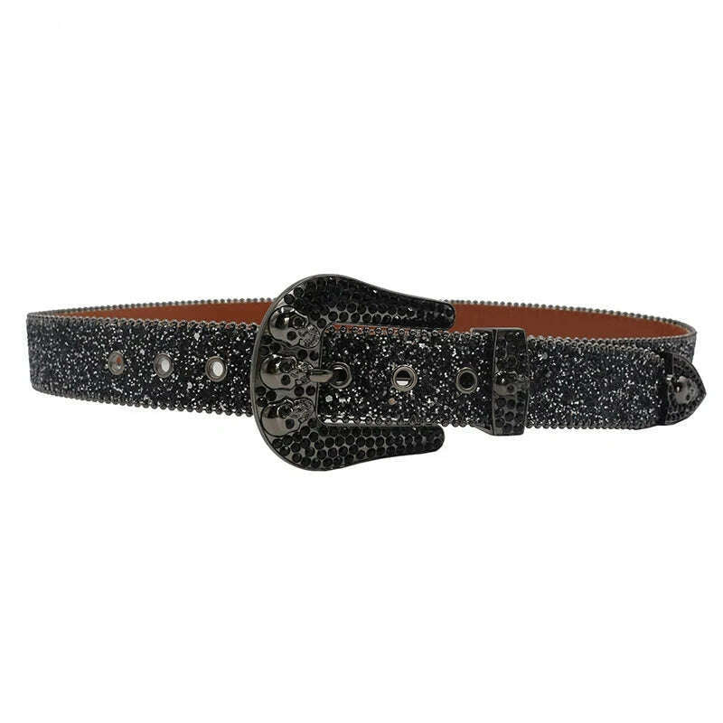 KIMLUD, Skull Rhinestone Belts For Women Men Y2K Leather Strap Crystal Studded Western Cowgirl Cowboy Diamond Bling Bling Belt, KIMLUD Womens Clothes