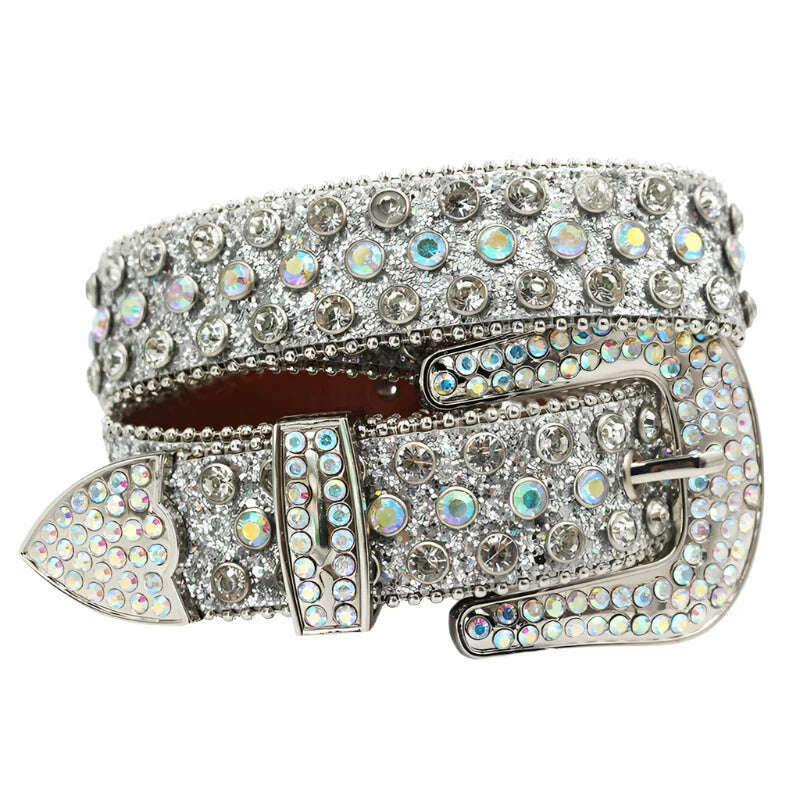 KIMLUD, Skull Rhinestone Belts For Women Men Y2K Leather Strap Crystal Studded Western Cowgirl Cowboy Diamond Bling Bling Belt, Shiny Silver / 125cm, KIMLUD APPAREL - Womens Clothes