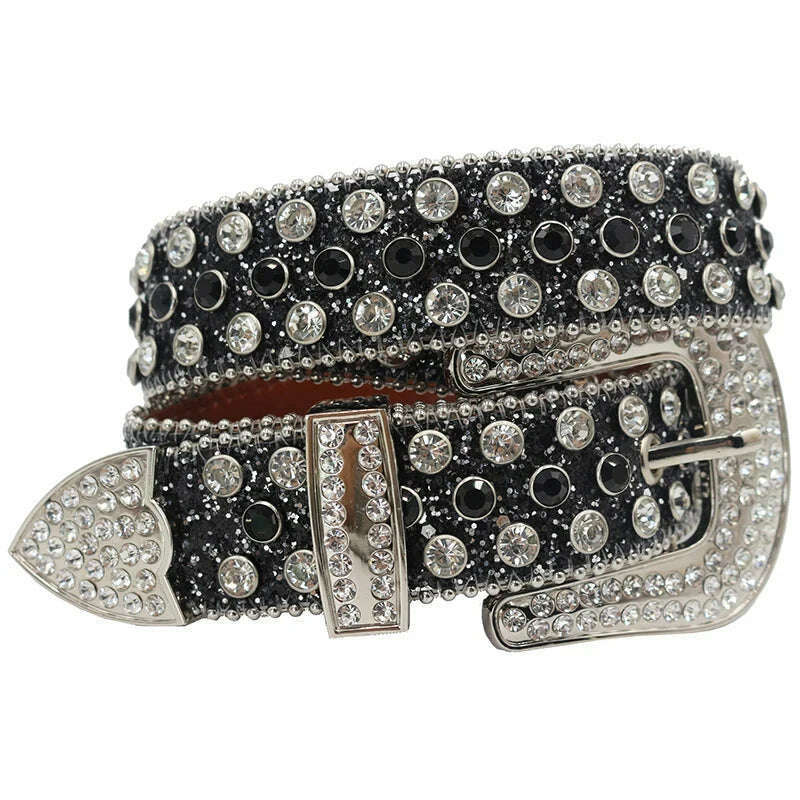 KIMLUD, Skull Rhinestone Belts For Women Men Y2K Leather Strap Crystal Studded Western Cowgirl Cowboy Diamond Bling Bling Belt, Shiny Black / 125cm, KIMLUD APPAREL - Womens Clothes