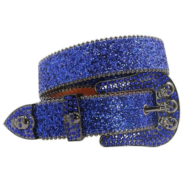 KIMLUD, Skull Rhinestone Belts For Women Men Y2K Leather Strap Crystal Studded Western Cowgirl Cowboy Diamond Bling Bling Belt, Blue / 105CM, KIMLUD APPAREL - Womens Clothes