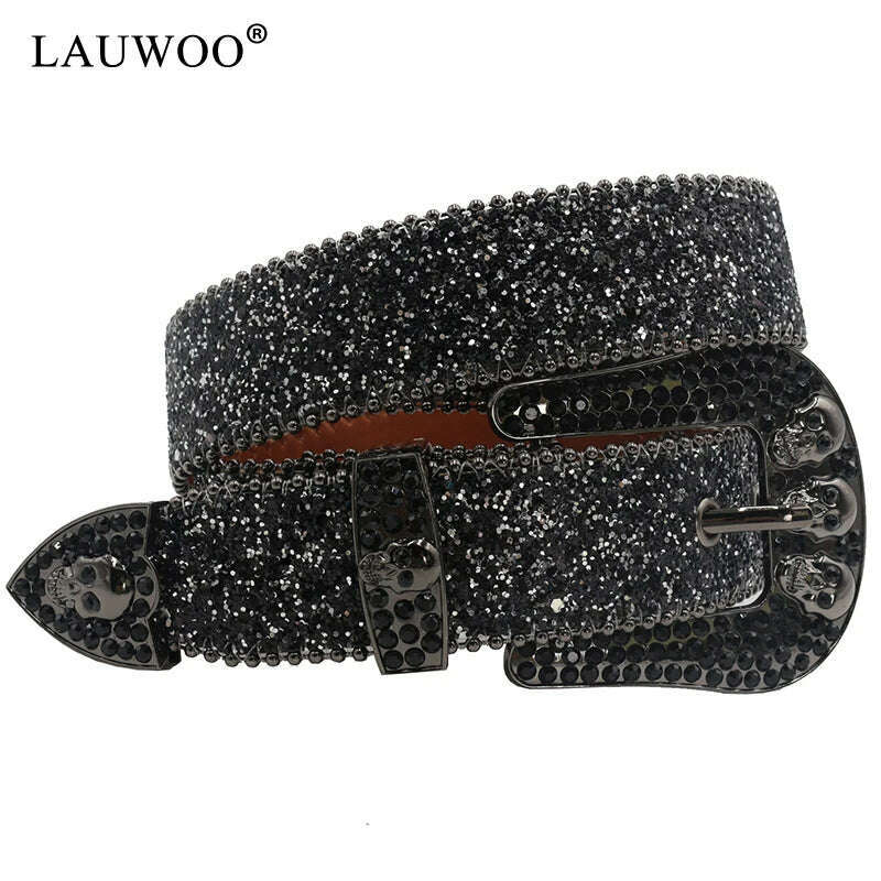 KIMLUD, Skull Rhinestone Belts For Women Men Y2K Leather Strap Crystal Studded Western Cowgirl Cowboy Diamond Bling Bling Belt, Black / 115CM, KIMLUD APPAREL - Womens Clothes