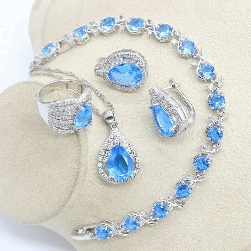 KIMLUD, Sky Blue White Topaz 925 Sterling Silver Bridal Jewelry Sets For Women Earrings Necklace Ring Pendant Bracelets, 4pcs / 10, KIMLUD APPAREL - Womens Clothes