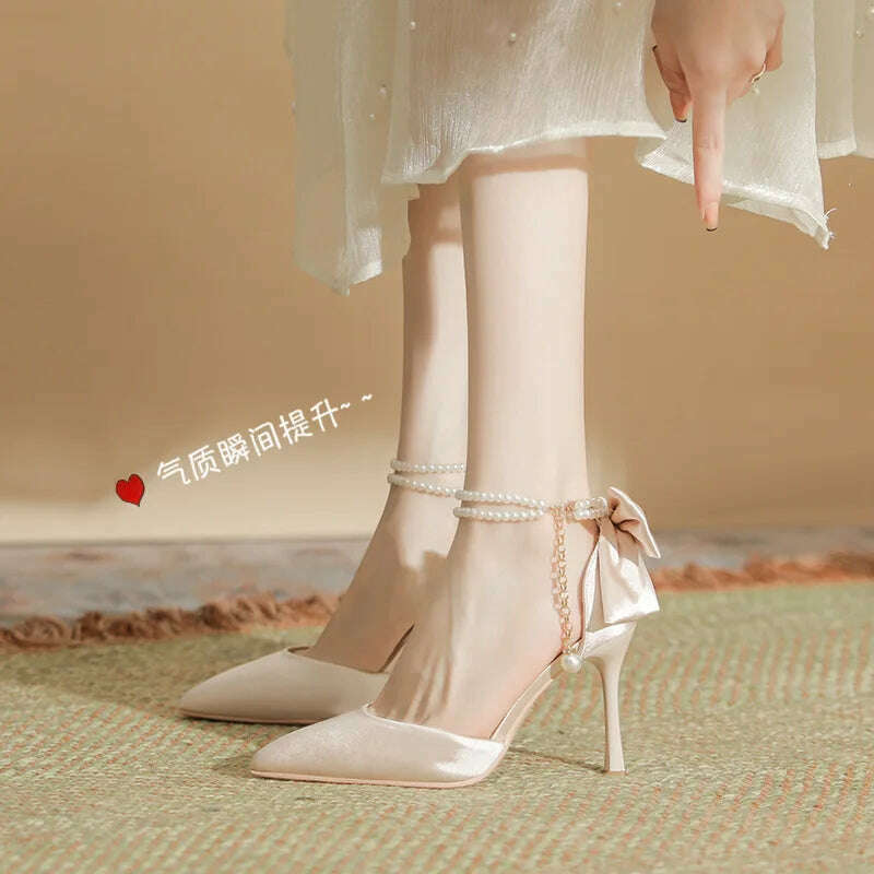 KIMLUD, Slimming Shoes Casual Heels Shallow Mouth Sandals Ladies Pointed Pumps Hollow 2024 All-Match Comfortable Beige African Bow Toe S, KIMLUD Womens Clothes