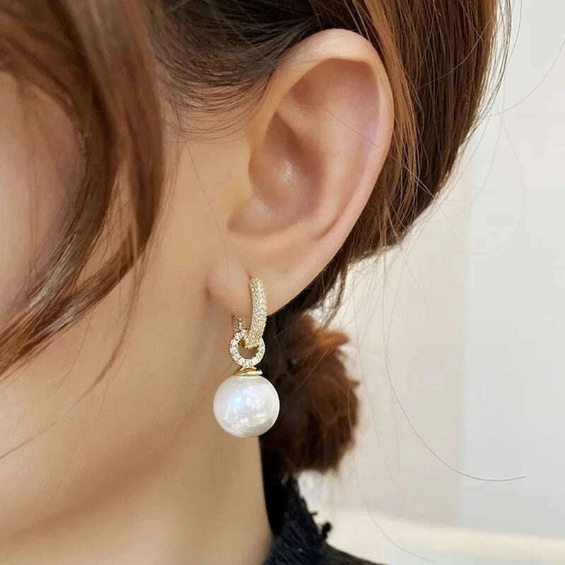 KIMLUD, sliver-plated Pearl Zircon Earring for Women Girl Party Gift Circular Temperament Banquet Jewelry, KIMLUD Womens Clothes