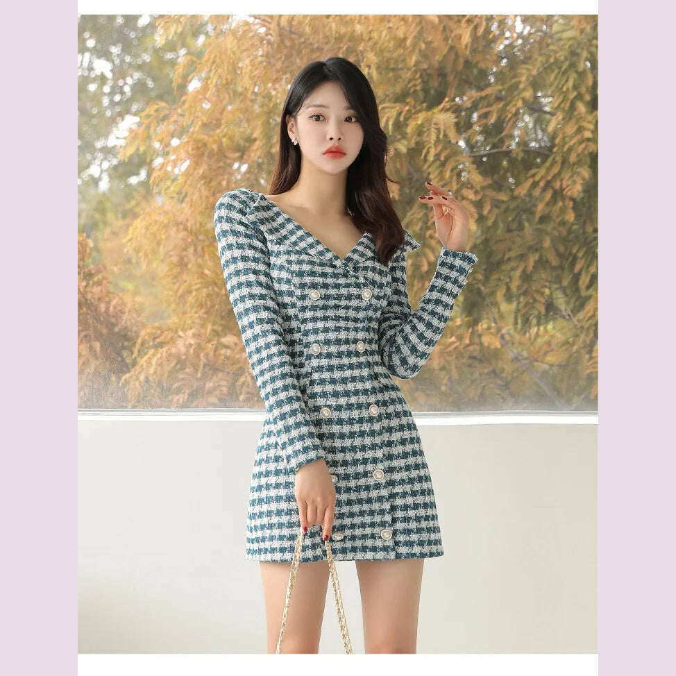 Small Fragrant Style Fashion Double breasted Slim Fit Dress Autumn New Commuting V-neck Waist Closing Thousand Bird Grid Dresses - KIMLUD