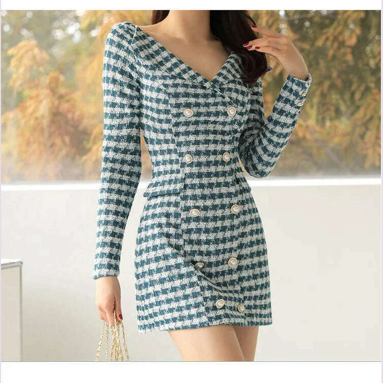 Small Fragrant Style Fashion Double breasted Slim Fit Dress Autumn New Commuting V-neck Waist Closing Thousand Bird Grid Dresses - KIMLUD