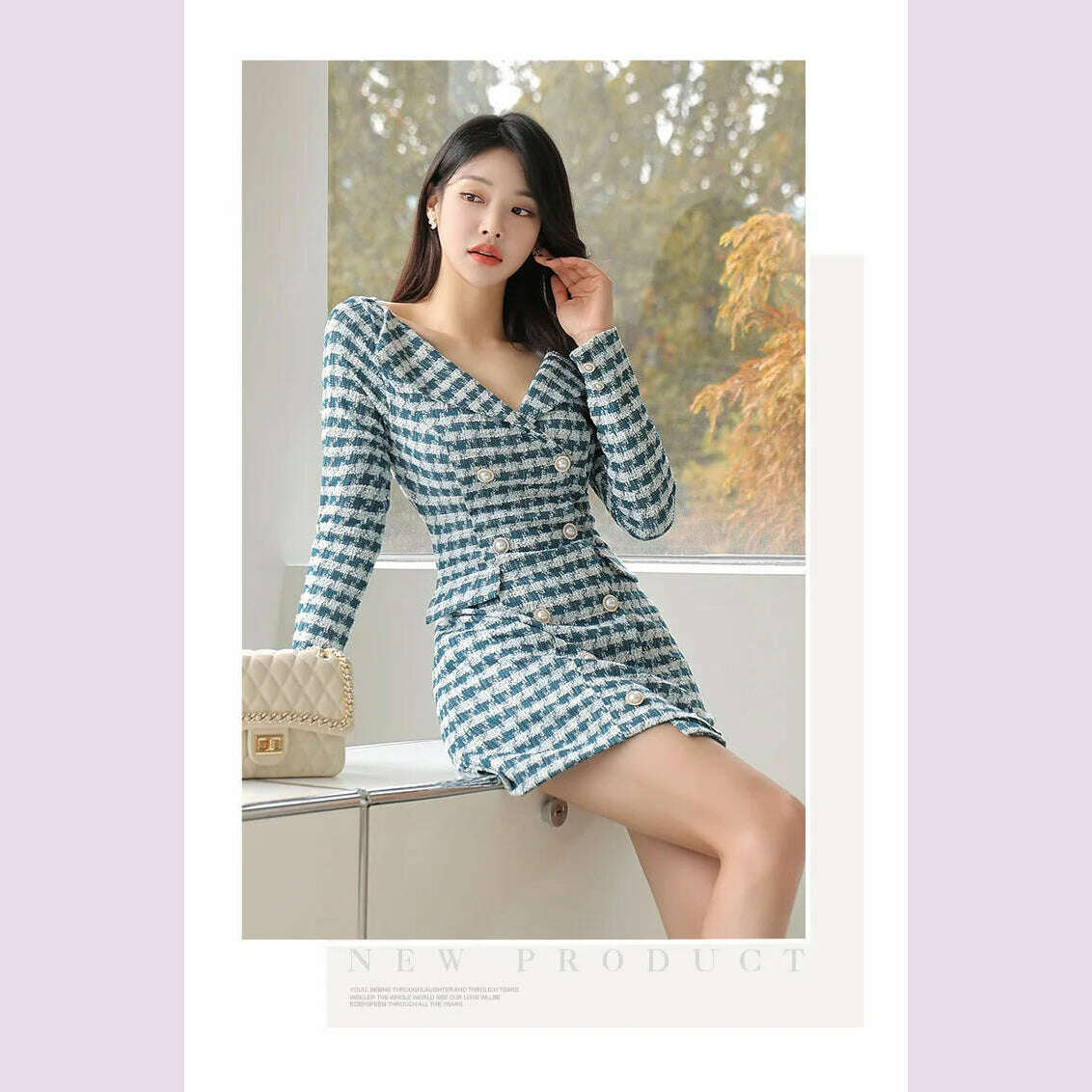 Small Fragrant Style Fashion Double breasted Slim Fit Dress Autumn New Commuting V-neck Waist Closing Thousand Bird Grid Dresses - KIMLUD