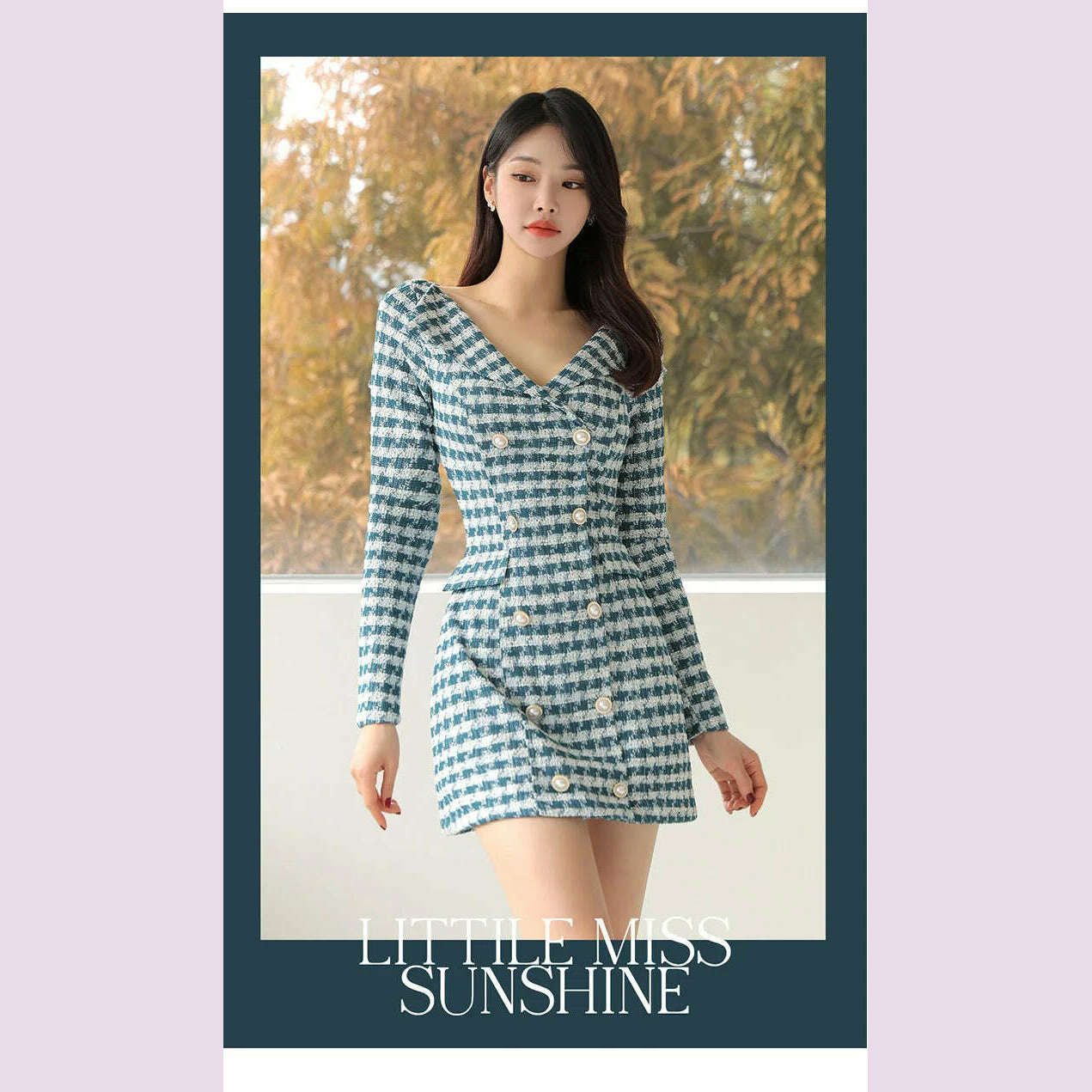 Small Fragrant Style Fashion Double breasted Slim Fit Dress Autumn New Commuting V-neck Waist Closing Thousand Bird Grid Dresses - KIMLUD