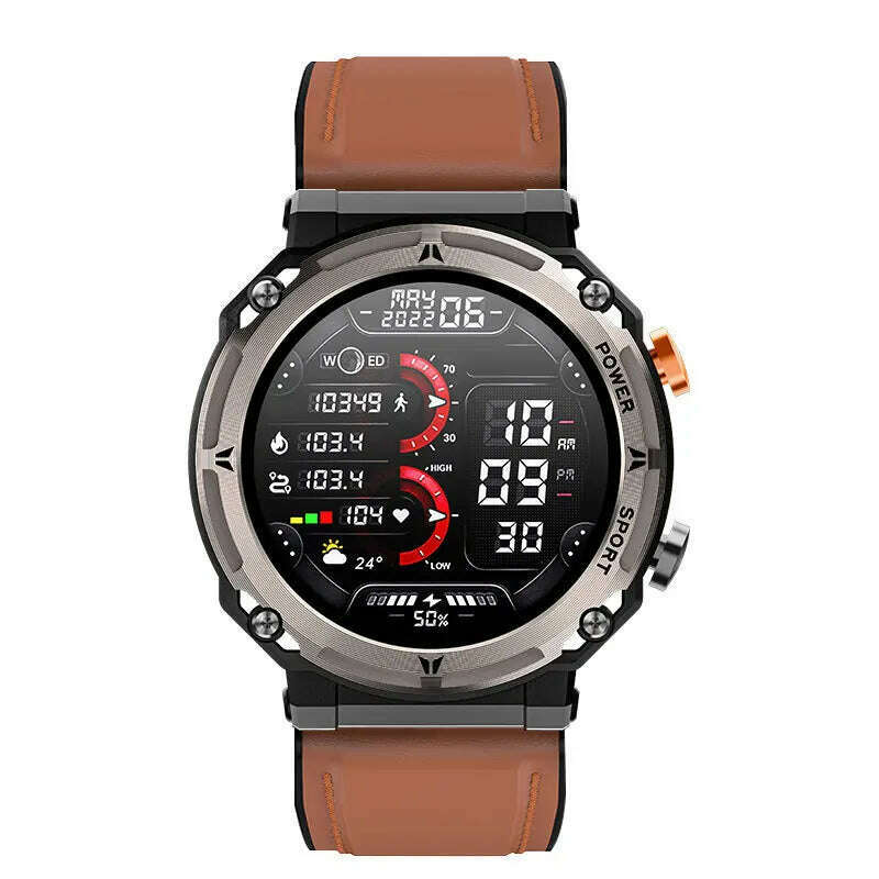 KIMLUD, Smart Watch C21 Pro Men Rugged Outdoor Sport Bluetooth Call Voice Assistant 1.39inch Fitness Tracker Heart Rate Smartwatch, Silver Brown Leather, KIMLUD APPAREL - Womens Clothes