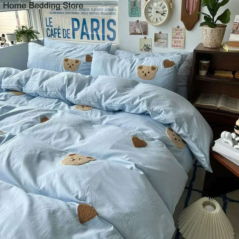 Solid Blue Bear Bedding Set Duvet Cover Queen Full Twin Size Bed Flat Sheet Kids Girls Room Decor Quilt Cover Pillowcase Kawaii - KIMLUD