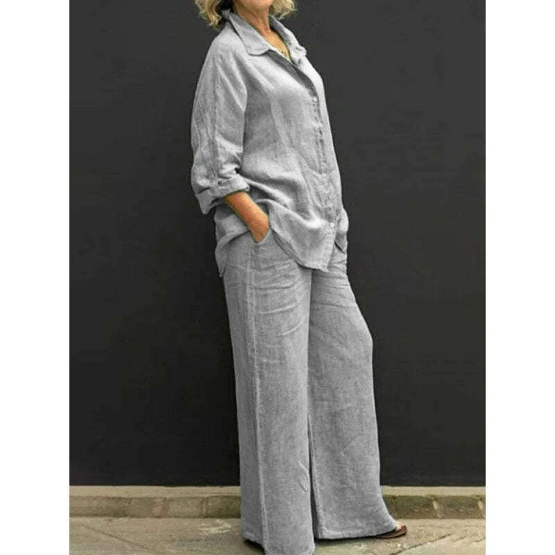 KIMLUD, Solid Color Cotton Linen Shirt 2 Piece Set For Women Spring Autumn Long Sleeve Blouse Wide Leg Pants Suits Female Casual Outfits, Light Grey / XXL, KIMLUD APPAREL - Womens Clothes