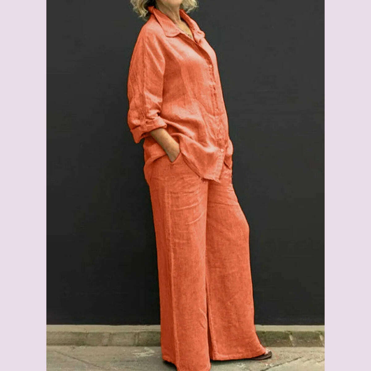 KIMLUD, Solid Color Cotton Linen Shirt 2 Piece Set For Women Spring Autumn Long Sleeve Blouse Wide Leg Pants Suits Female Casual Outfits, ORANGE RED / S, KIMLUD APPAREL - Womens Clothes