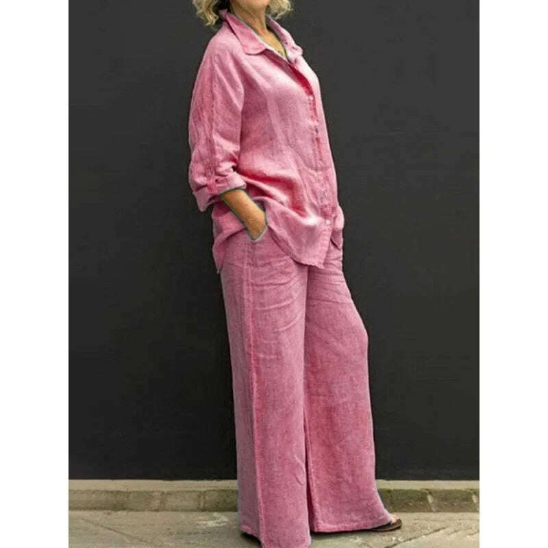 KIMLUD, Solid Color Cotton Linen Shirt 2 Piece Set For Women Spring Autumn Long Sleeve Blouse Wide Leg Pants Suits Female Casual Outfits, Pink / XXL, KIMLUD APPAREL - Womens Clothes