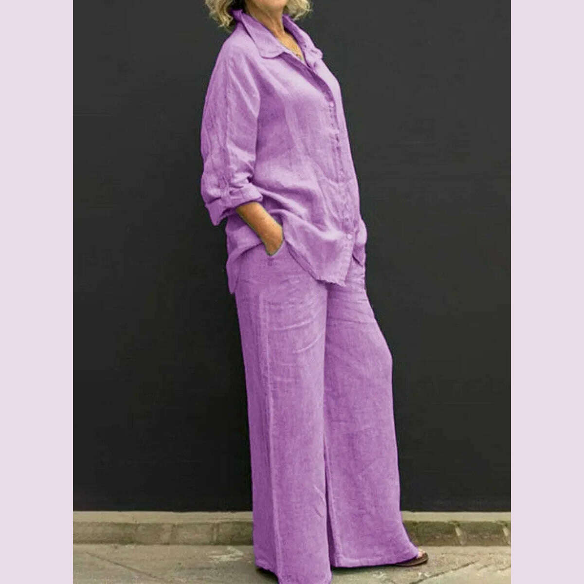 KIMLUD, Solid Color Cotton Linen Shirt 2 Piece Set For Women Spring Autumn Long Sleeve Blouse Wide Leg Pants Suits Female Casual Outfits, PURPLE / L, KIMLUD APPAREL - Womens Clothes