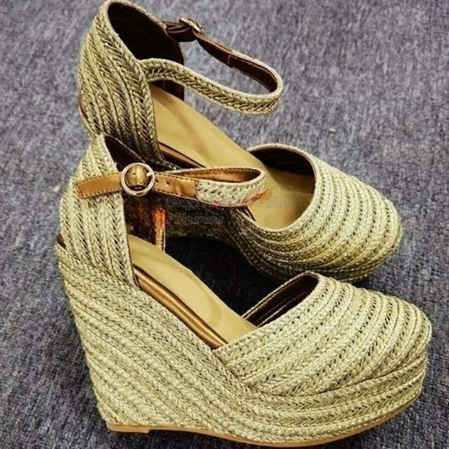 Solid Color Woven Sandals Thick Bottom Slope Heel High Heel Shoes Women Shoes Casual Buckle Heels 2023 New Zapatos Para Mujere - KIMLUD