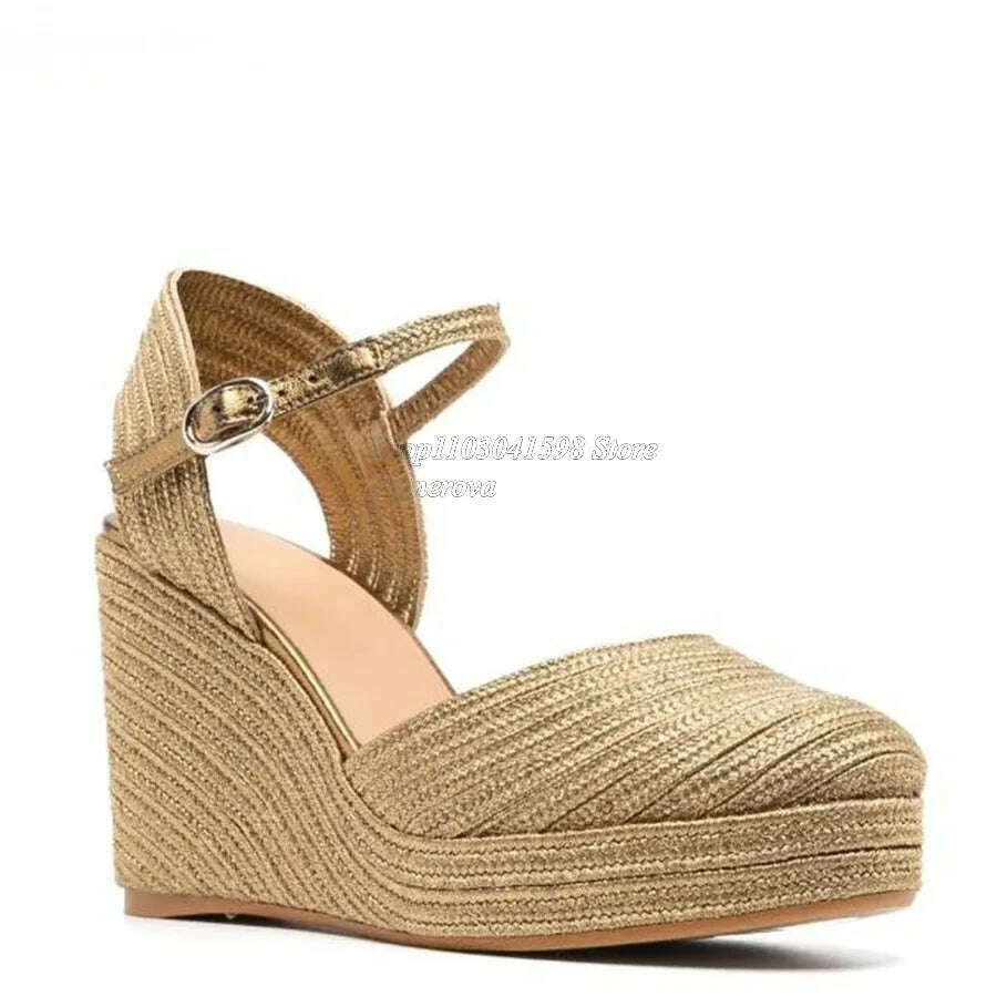 KIMLUD, Solid Color Woven Sandals Thick Bottom Slope Heel High Heel Shoes Women Shoes Casual Buckle Heels 2023 New Zapatos Para Mujere, KIMLUD Womens Clothes