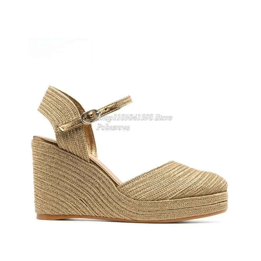 KIMLUD, Solid Color Woven Sandals Thick Bottom Slope Heel High Heel Shoes Women Shoes Casual Buckle Heels 2023 New Zapatos Para Mujere, khaki / 35, KIMLUD APPAREL - Womens Clothes