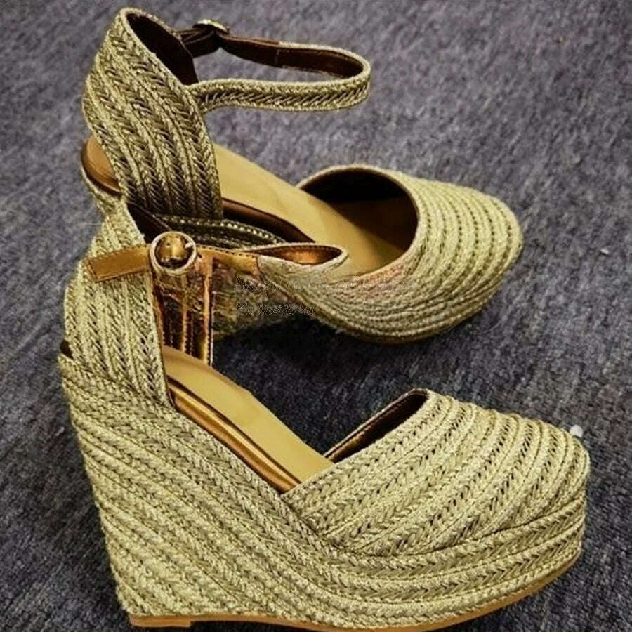 KIMLUD, Solid Color Woven Sandals Thick Bottom Slope Heel High Heel Shoes Women Shoes Casual Buckle Heels 2023 New Zapatos Para Mujere, KIMLUD Womens Clothes