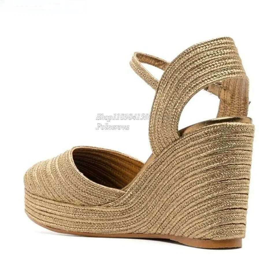 KIMLUD, Solid Color Woven Sandals Thick Bottom Slope Heel High Heel Shoes Women Shoes Casual Buckle Heels 2023 New Zapatos Para Mujere, KIMLUD Womens Clothes