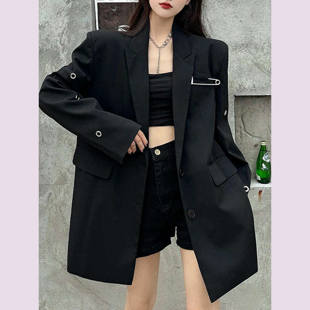 SONNEESD Streetwear Harajuku Style Fashion Neutral Coat Vintage Personality Pin Design Loose Black Stereo Cutting Suit Coat - KIMLUD