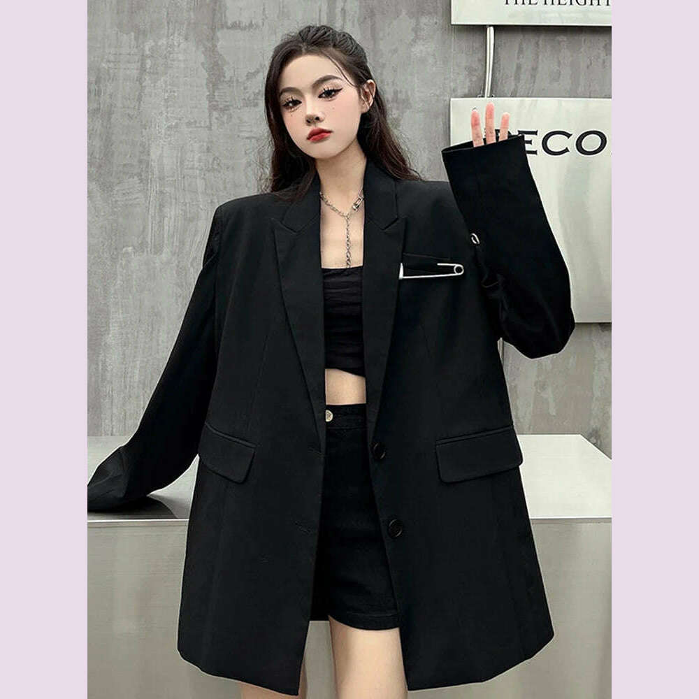 SONNEESD Streetwear Harajuku Style Fashion Neutral Coat Vintage Personality Pin Design Loose Black Stereo Cutting Suit Coat - KIMLUD