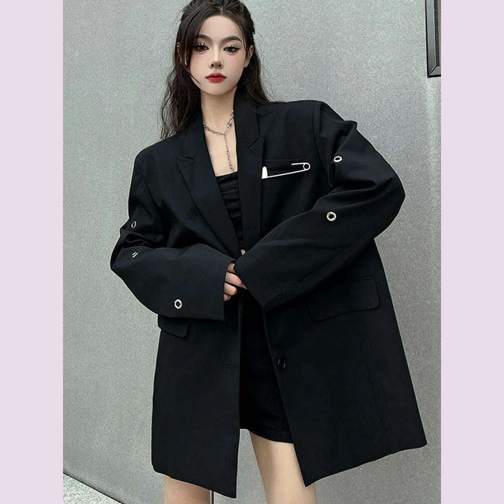 SONNEESD Streetwear Harajuku Style Fashion Neutral Coat Vintage Personality Pin Design Loose Black Stereo Cutting Suit Coat - KIMLUD