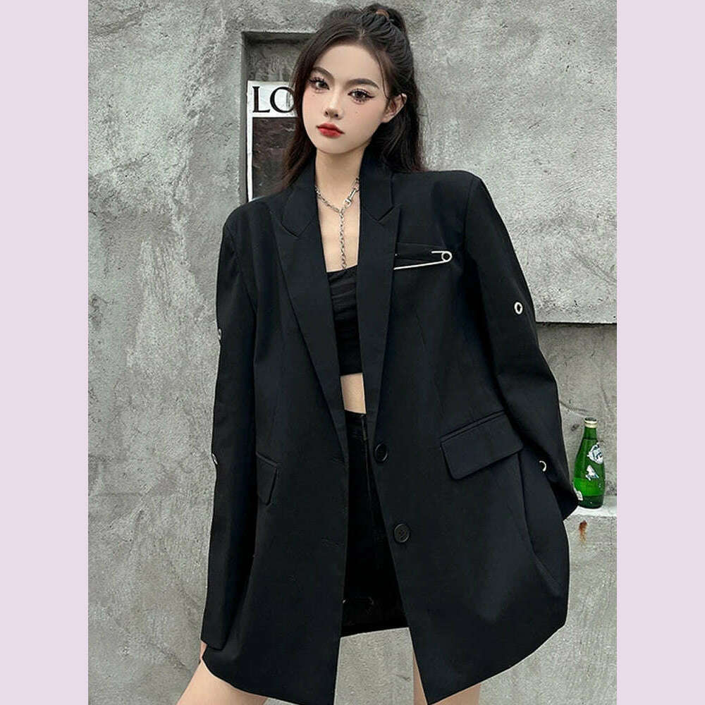 SONNEESD Streetwear Harajuku Style Fashion Neutral Coat Vintage Personality Pin Design Loose Black Stereo Cutting Suit Coat - KIMLUD