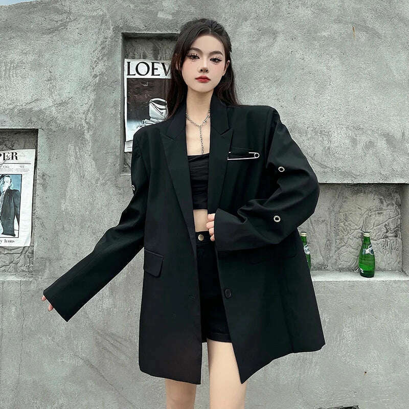 SONNEESD Streetwear Harajuku Style Fashion Neutral Coat Vintage Personality Pin Design Loose Black Stereo Cutting Suit Coat - KIMLUD