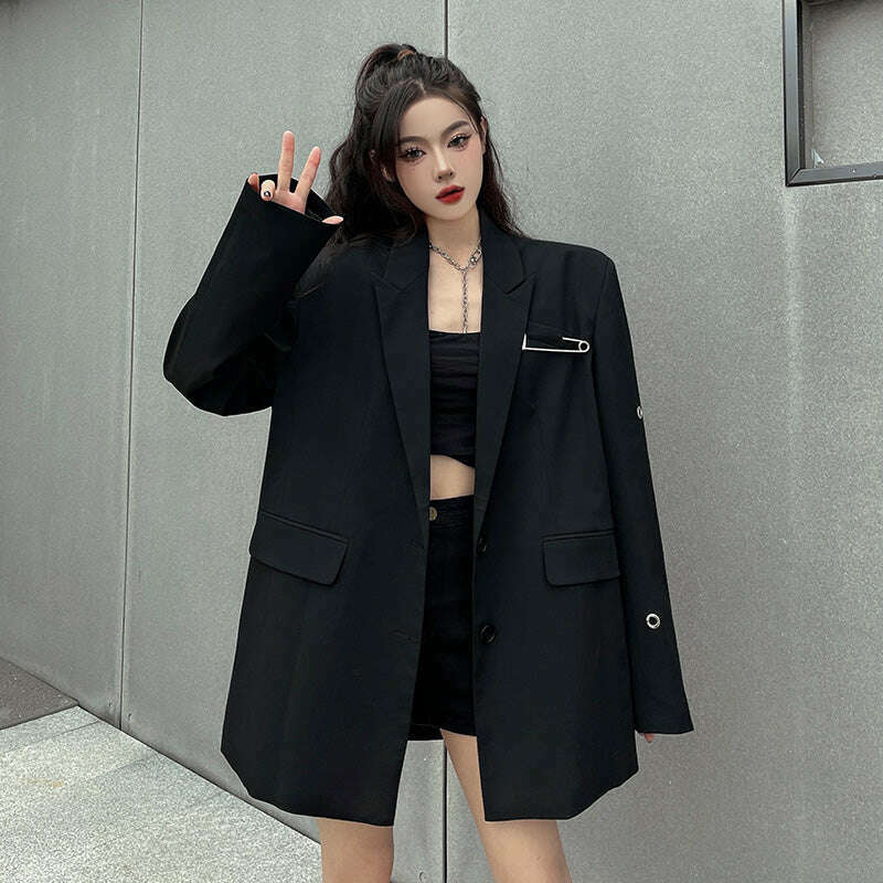 SONNEESD Streetwear Harajuku Style Fashion Neutral Coat Vintage Personality Pin Design Loose Black Stereo Cutting Suit Coat - KIMLUD