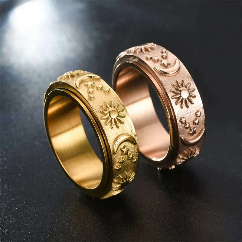 Spinning Anxiety Relaxing Ring With Star And Moon For Women Stainless Steel Rotate Freely Fidget Spinner Rings Bohemia Jewelry - KIMLUD