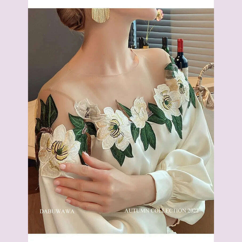 KIMLUD, Spring and Autumn Celebrity Style Heavy Industry Mesh Splicing Satin Embroidered Shirt Top for Women 2024 New, Off white / M / CHINA, KIMLUD APPAREL - Womens Clothes