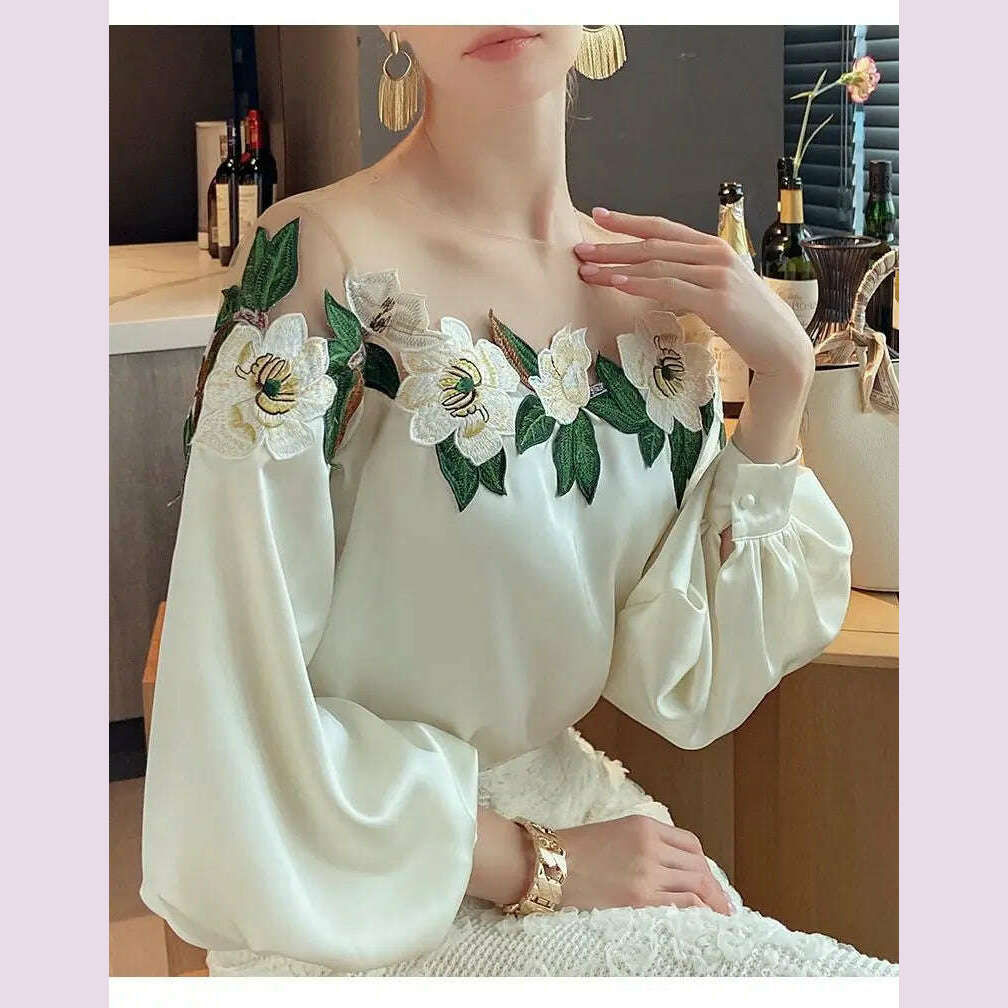 KIMLUD, Spring and Autumn Celebrity Style Heavy Industry Mesh Splicing Satin Embroidered Shirt Top for Women 2024 New, KIMLUD Womens Clothes