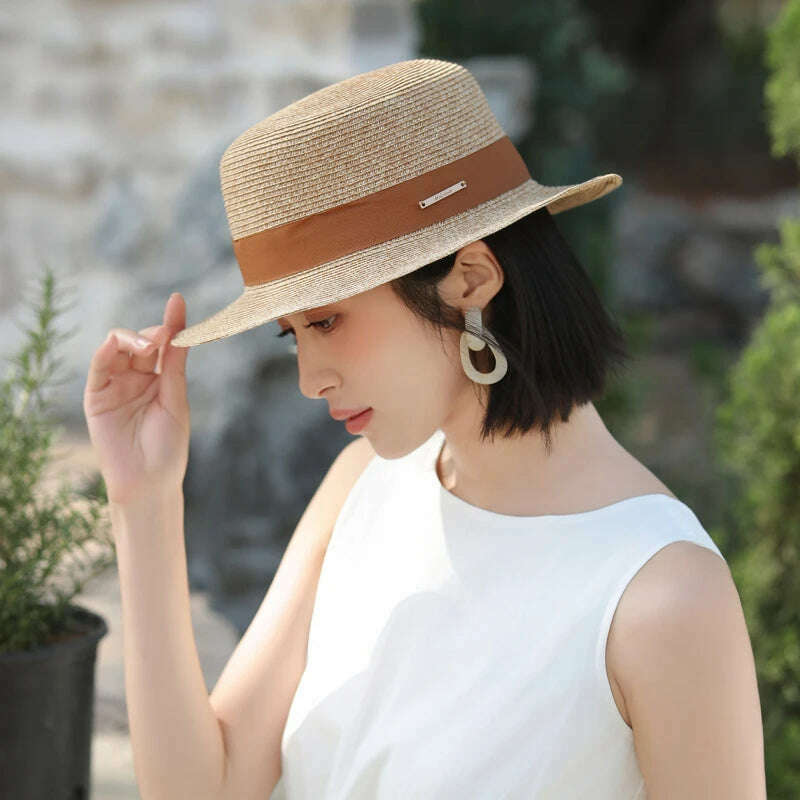 KIMLUD, Spring and Autumn Hats, Versatile Women's Style, Grass Hat, Flat Top Sun Protection and Sunshade Hat, Summer Sun Hat, MZ1638Caramel rice / 57, KIMLUD APPAREL - Womens Clothes