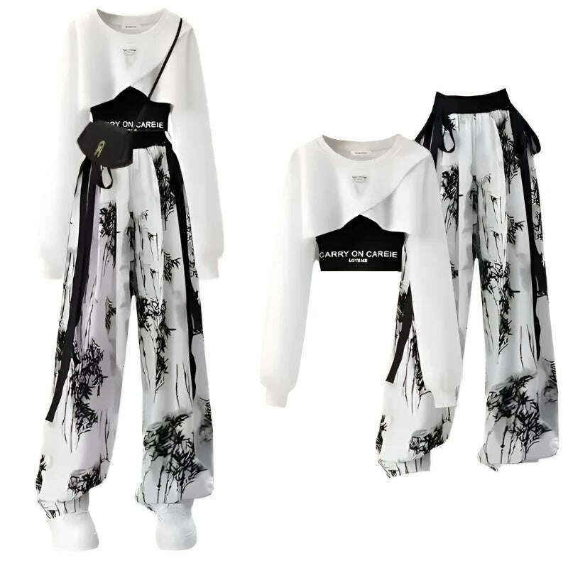 Spring and Autumn Set Women's Korean Design Long Sleeved Top+Tank Top+Ink Wide Legged Pants Three Piece Set Trendy - KIMLUD