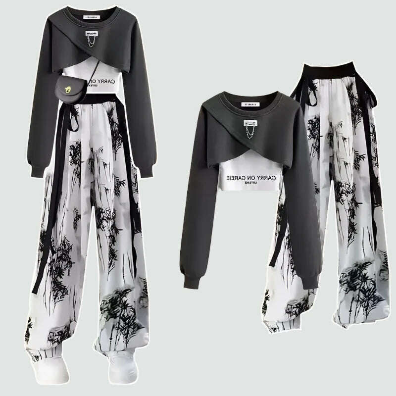 KIMLUD, Spring and Autumn Set Women's Korean Design Long Sleeved Top+Tank Top+Ink Wide Legged Pants Three Piece Set Trendy, KIMLUD Womens Clothes