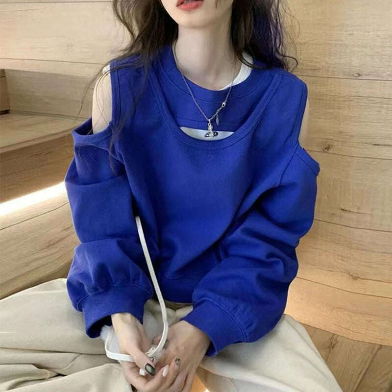 KIMLUD, Spring Autumn Casual Fashion Hollow Out Sweatshirt Ladies Loose All-match Off the Shoulder Top Women Korean Style Solid Pullover, Blue / M, KIMLUD APPAREL - Womens Clothes