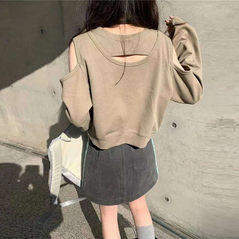 KIMLUD, Spring Autumn Casual Fashion Hollow Out Sweatshirt Ladies Loose All-match Off the Shoulder Top Women Korean Style Solid Pullover, KIMLUD Womens Clothes