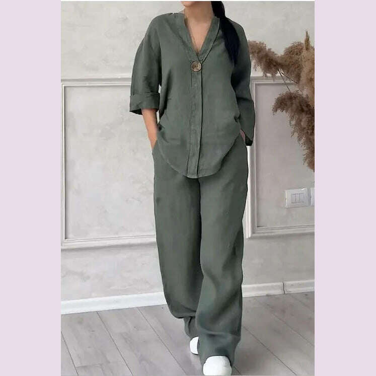 KIMLUD, Spring Autumn Fashion Cotton And Linen Solid Two Piece Set Women Causal Loose V-neck Top Wide Leg Pants  2 Piece Sets Woman, army green / S, KIMLUD APPAREL - Womens Clothes