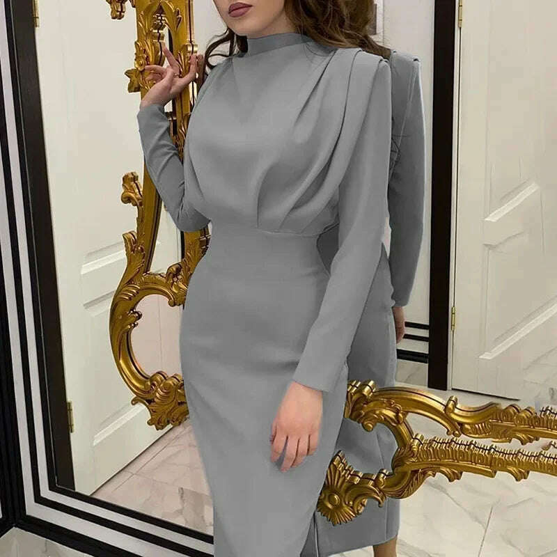 KIMLUD, Spring Autumn New Women's Clothing Solid Color Fashion Waist-Controlled Slimming Long Sleeve Dress Office Lady, Gray / XXL, KIMLUD APPAREL - Womens Clothes