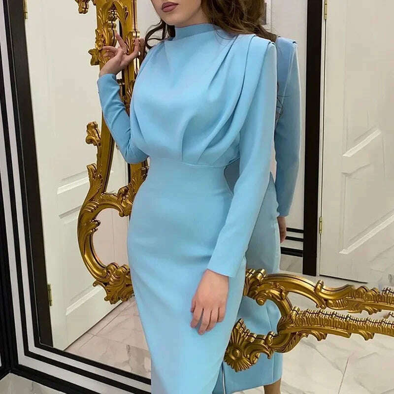 KIMLUD, Spring Autumn New Women's Clothing Solid Color Fashion Waist-Controlled Slimming Long Sleeve Dress Office Lady, Blue / L, KIMLUD APPAREL - Womens Clothes